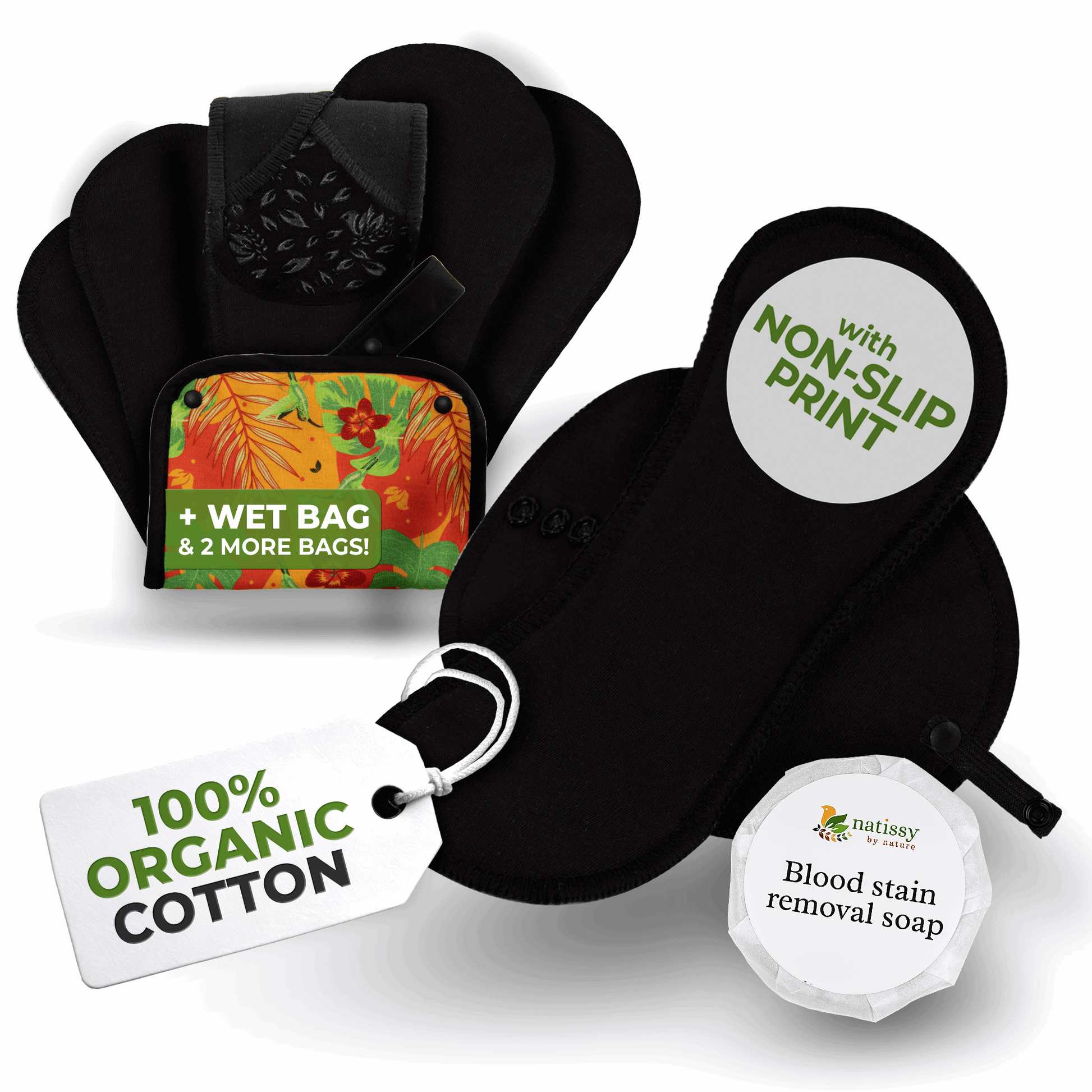 Non-Slip Premium Reusable Period Pads for Light Flow (S+M, 6-Pack) - Black Cat