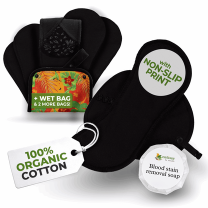 Non-Slip Premium Reusable Period Pads for Light Flow (S+M, 6-Pack) - Black Cat