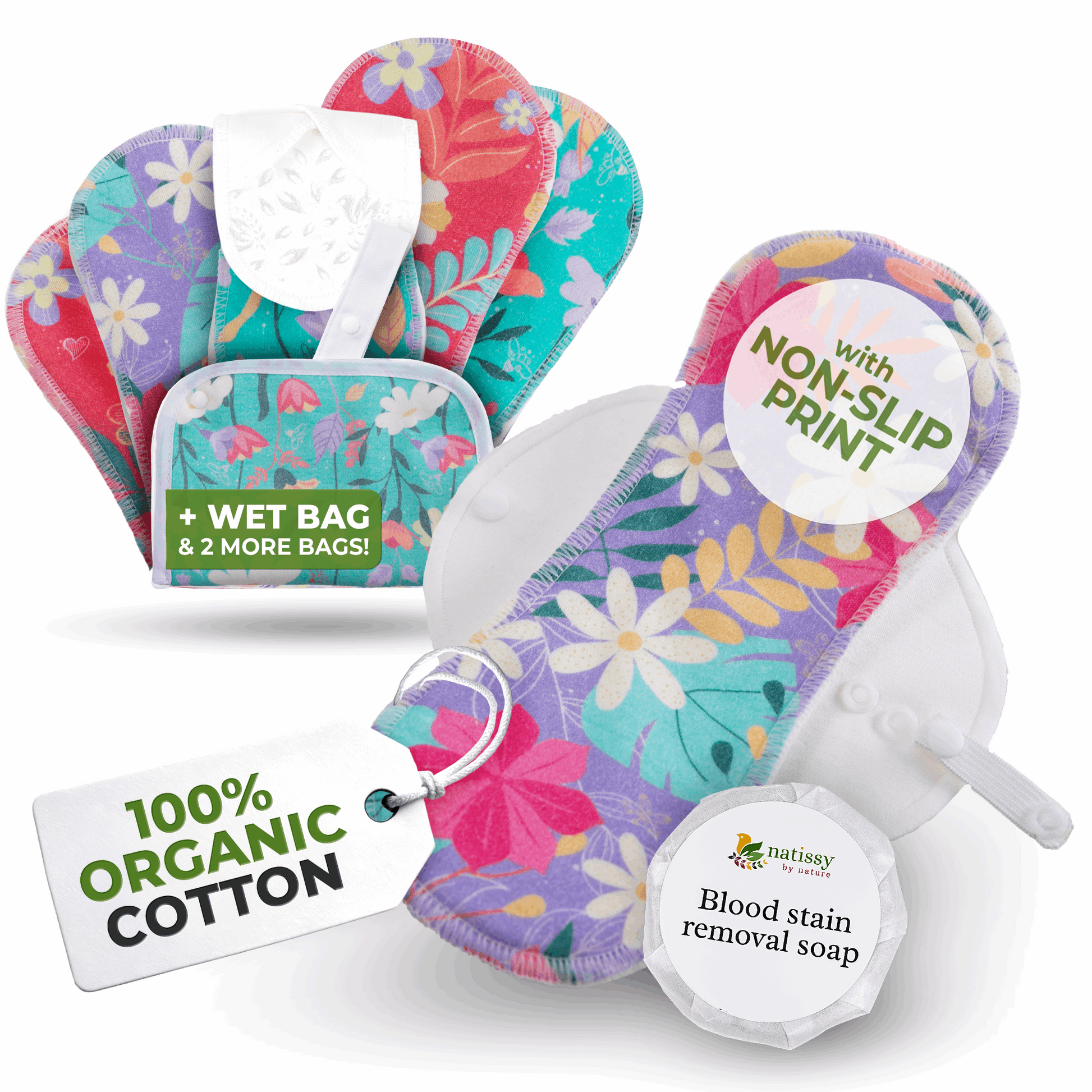 Non-Slip Premium Reusable Period Pads for Light Flow (S+M, 6-Pack) - Flora