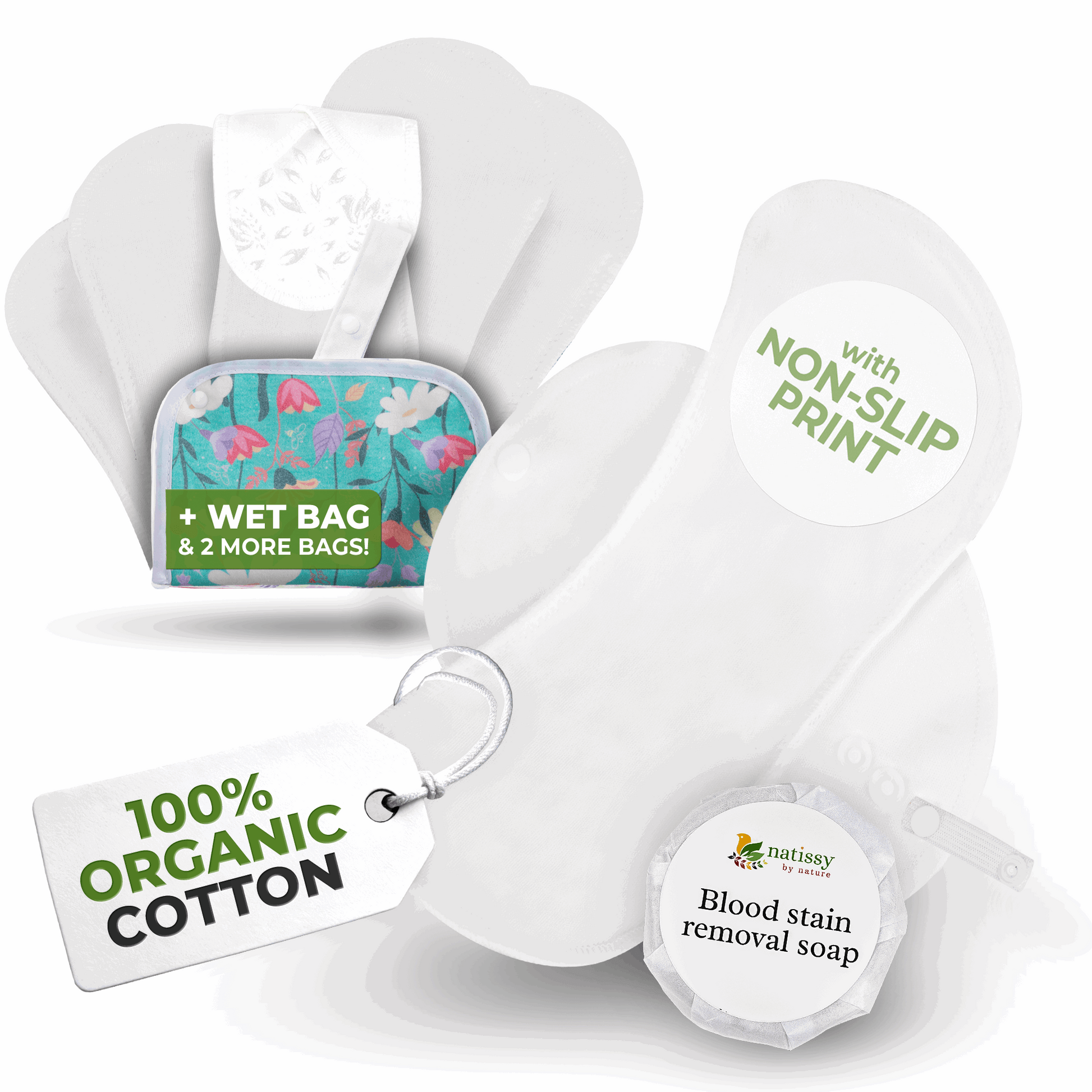 Non-Slip Premium Reusable Period Pads for Light Flow (S+M, 6-Pack) - White Lily