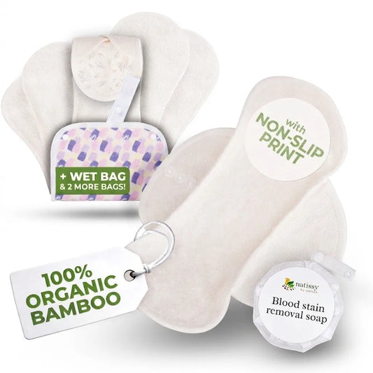 Non-Slip Organic Reusable Period Pads for Heavy Flow & Incontinence (L+XL, 6-Pack) - Plain White Bamboo