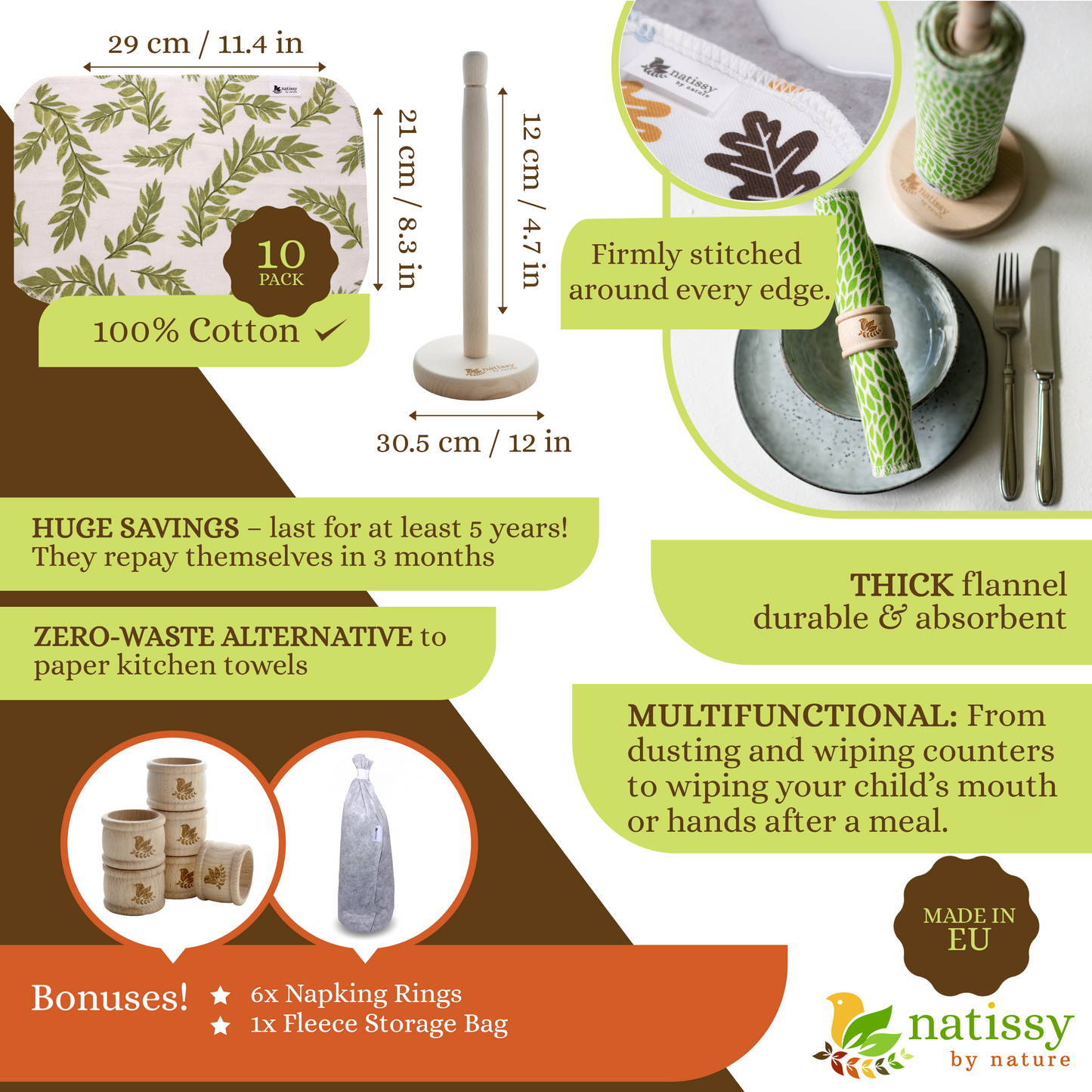 Reusable Paperless Kitchen Towels, Roll of 10 Washable Cotton Cloth Wipes MADE IN EU, Eco-Friendly Paper Towel Cleaning Alternative; Ultra Absorbent, Super Strong, Tear-Resistant & Multipurpose Paperless Replacement
