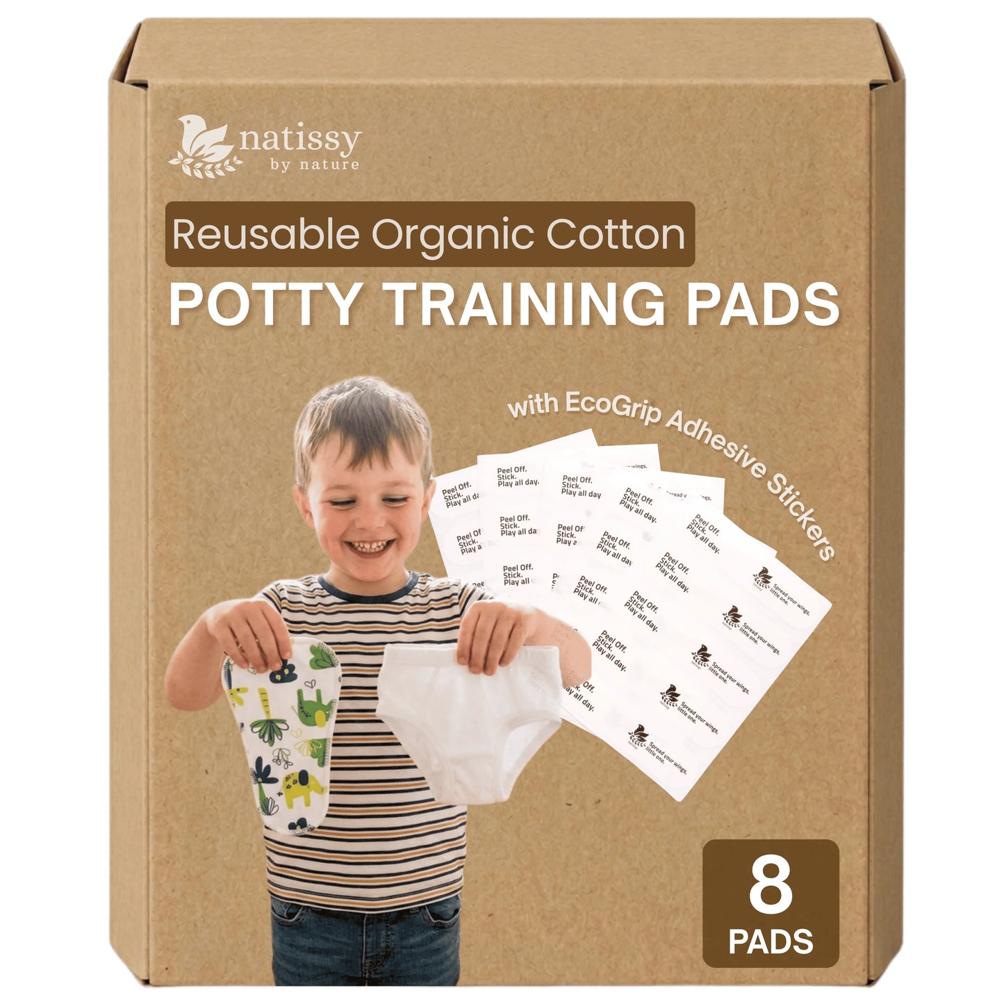 Reusable Potty Training Pads with EcoGrip for Light Dribbles (Daily Fit, 8-Pack) - Elephants