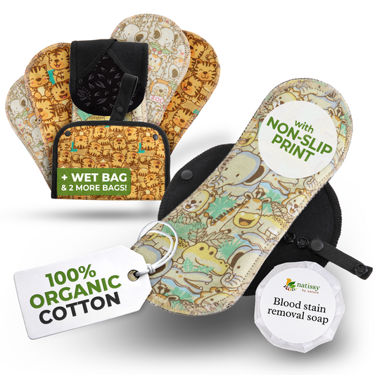 Non-Slip Reusable Period Pads for Teen Girls (S+M, 6-Pack) - Safari