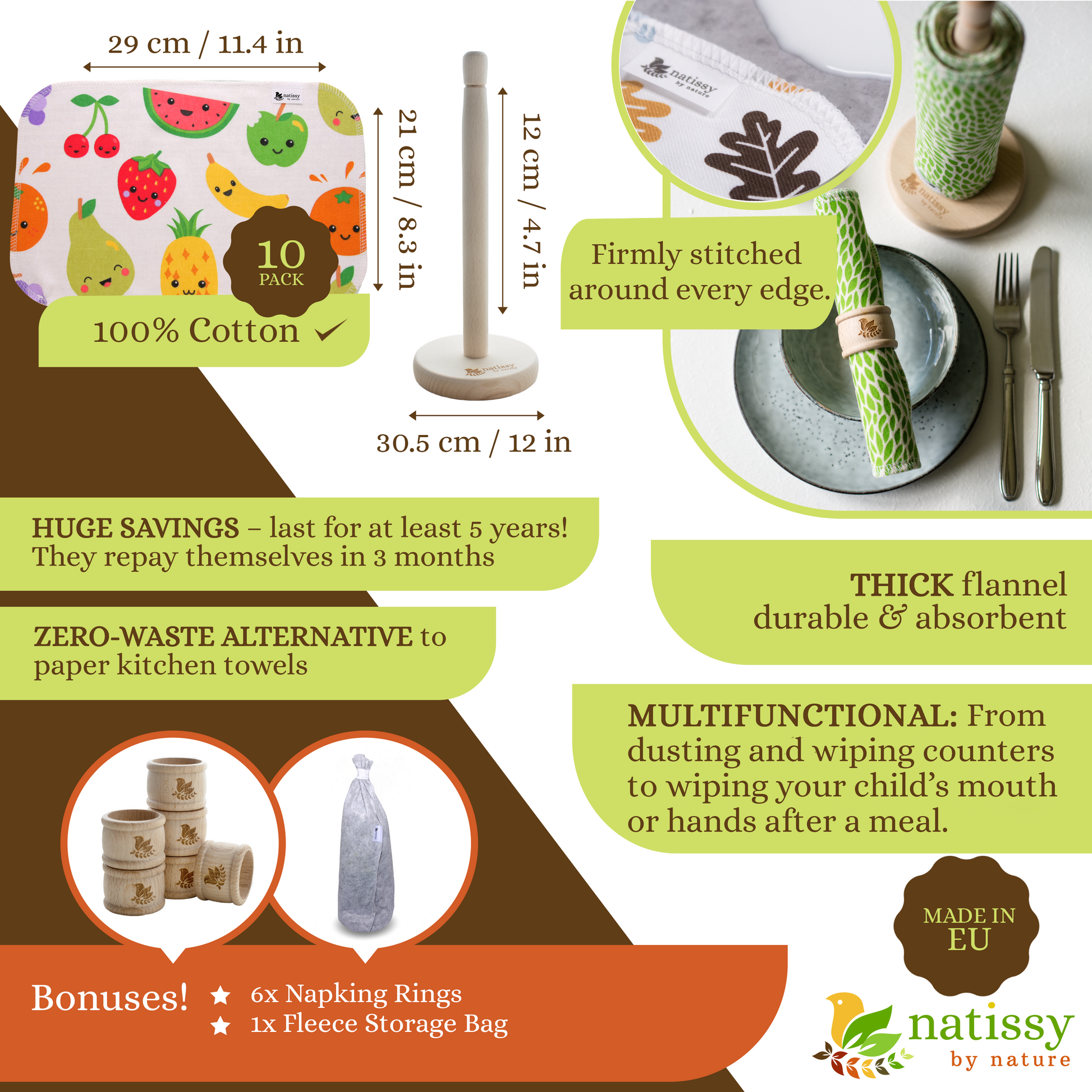 Reusable Paperless Kitchen Towels, Roll of 10 Washable Cotton Cloth Wipes MADE IN EU, Eco-Friendly Paper Towel Cleaning Alternative; Ultra Absorbent, Super Strong, Tear-Resistant & Multipurpose Paperless Replacement