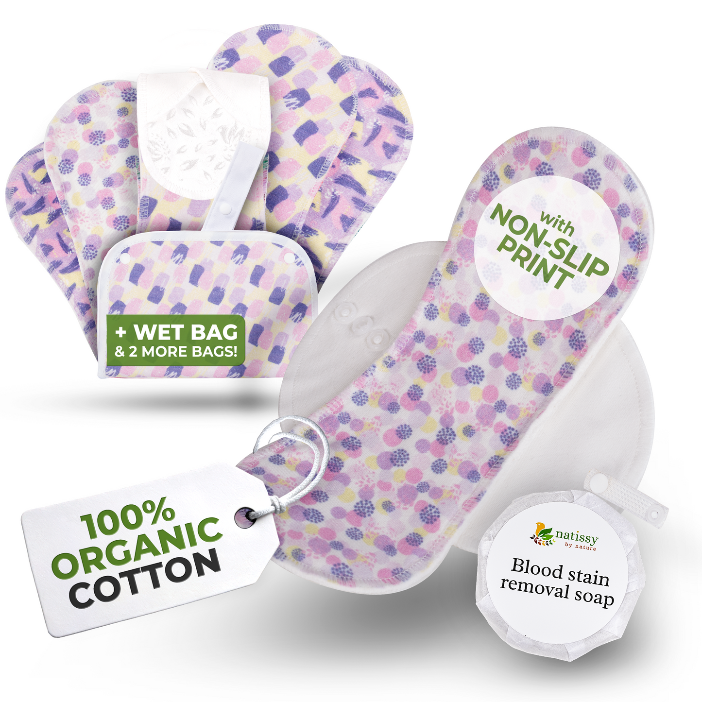 Non-Slip Organic Reusable Period Pads for Light Flow (S+M, 6-Pack) - Springtime