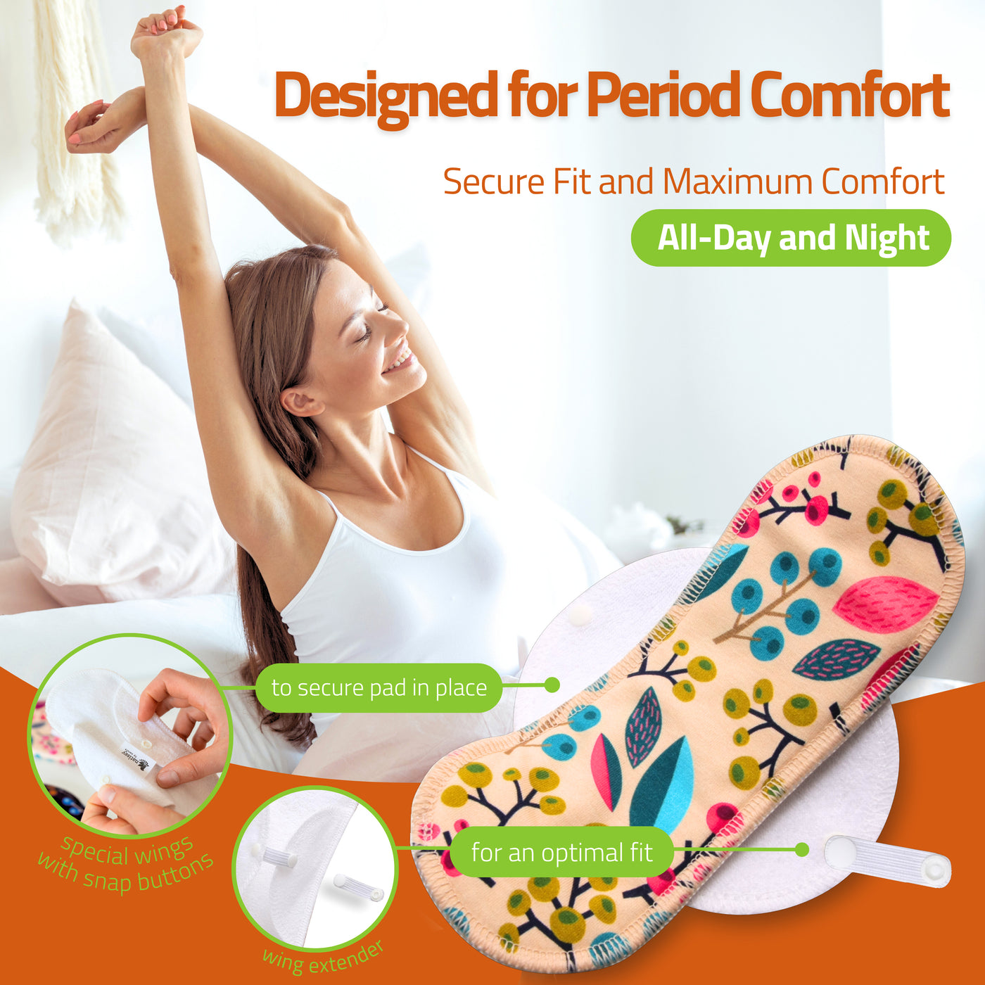 Organic Cotton Reusable Menstrual Pads with Wings 6-Pack (Sizes L & XL) - Lemons (white wings)