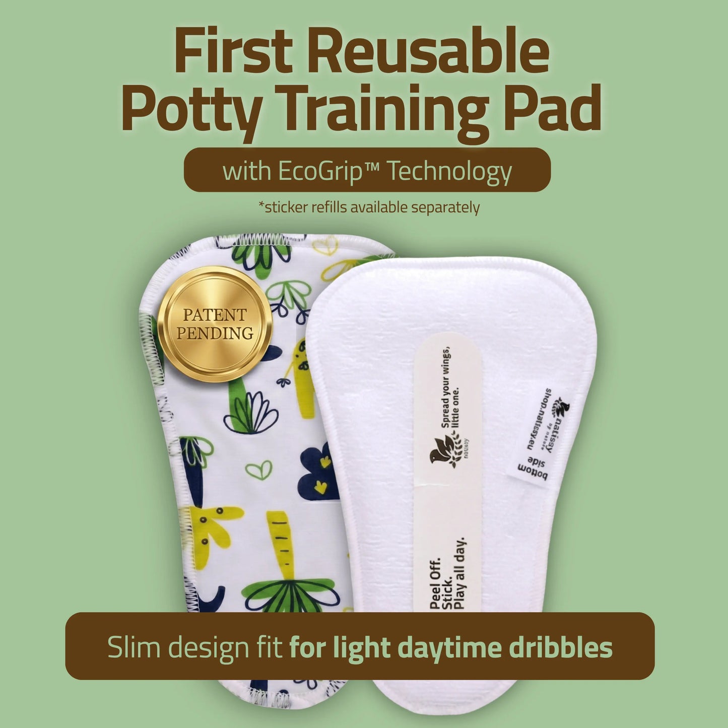 Two Natissy reusable potty training pads showing patent pending EcoGrip adhesive strip on cotton bottom side, slim daily fit design for light daytime dribbles