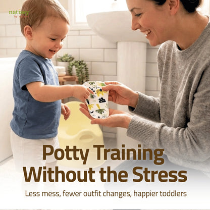 Mother handing Natissy reusable potty training pad with elephants print to smiling toddler in bathroom, daily fit for stress-free potty training ages 2 to 5