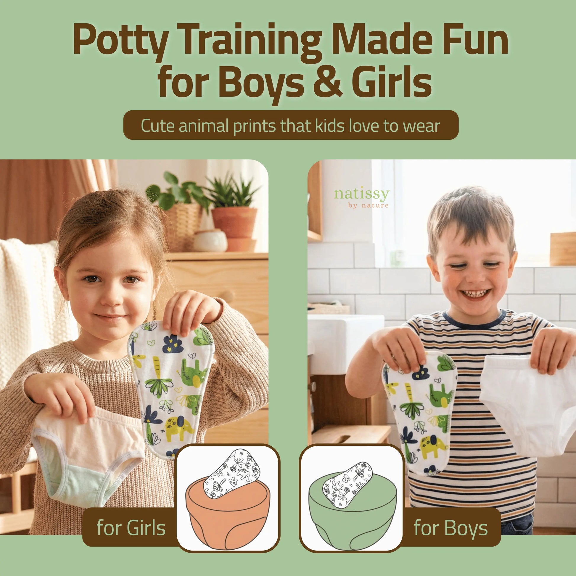 Young girl and boy each holding a Natissy reusable potty training pad with elephant print and toddler underwear, daily fit works for both boys and girls