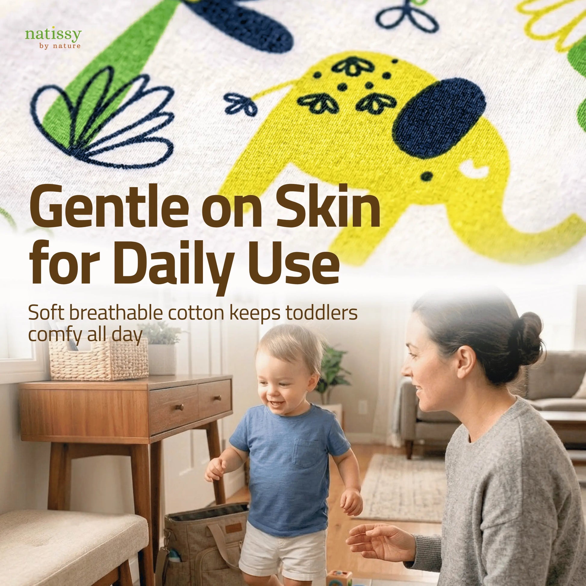 Close-up of soft breathable cotton with yellow elephant print on Natissy reusable potty training pad, gentle on toddler sensitive skin for daily use