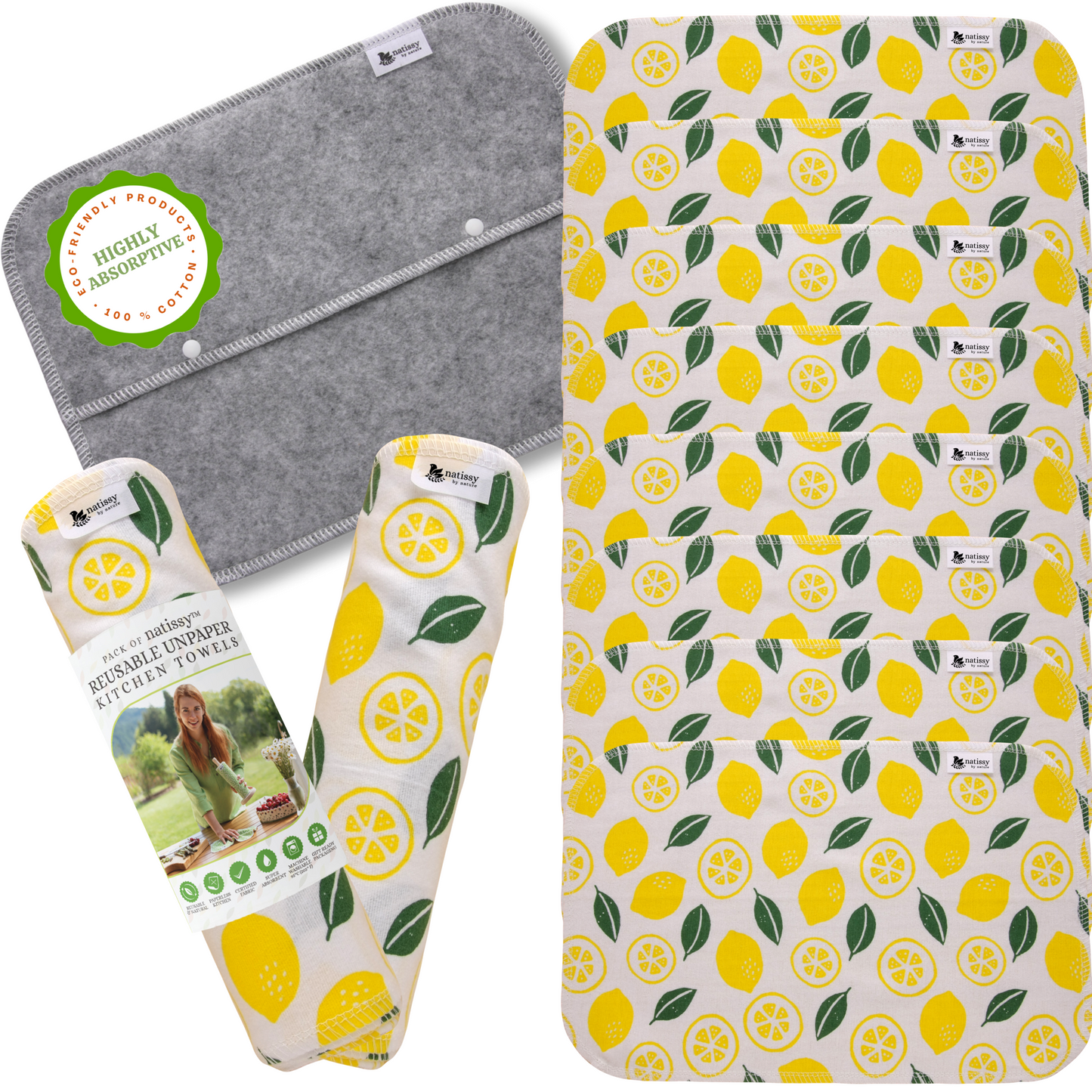 Reusable Paperless Kitchen Towels, Roll of 10 Washable Cotton Cloth Wipes MADE IN EU, Eco-Friendly Paper Towel Cleaning Alternative; Ultra Absorbent, Super Strong, Tear-Resistant & Multipurpose Paperless Replacement