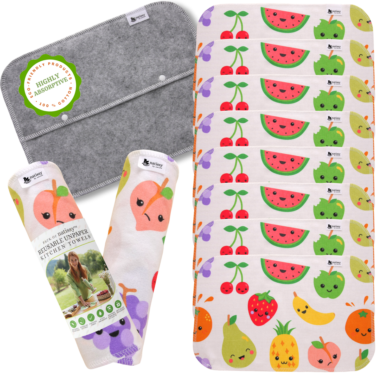 Reusable Paperless Kitchen Towels, Roll of 10 Washable Cotton Cloth Wipes MADE IN EU, Eco-Friendly Paper Towel Cleaning Alternative; Ultra Absorbent, Super Strong, Tear-Resistant & Multipurpose Paperless Replacement