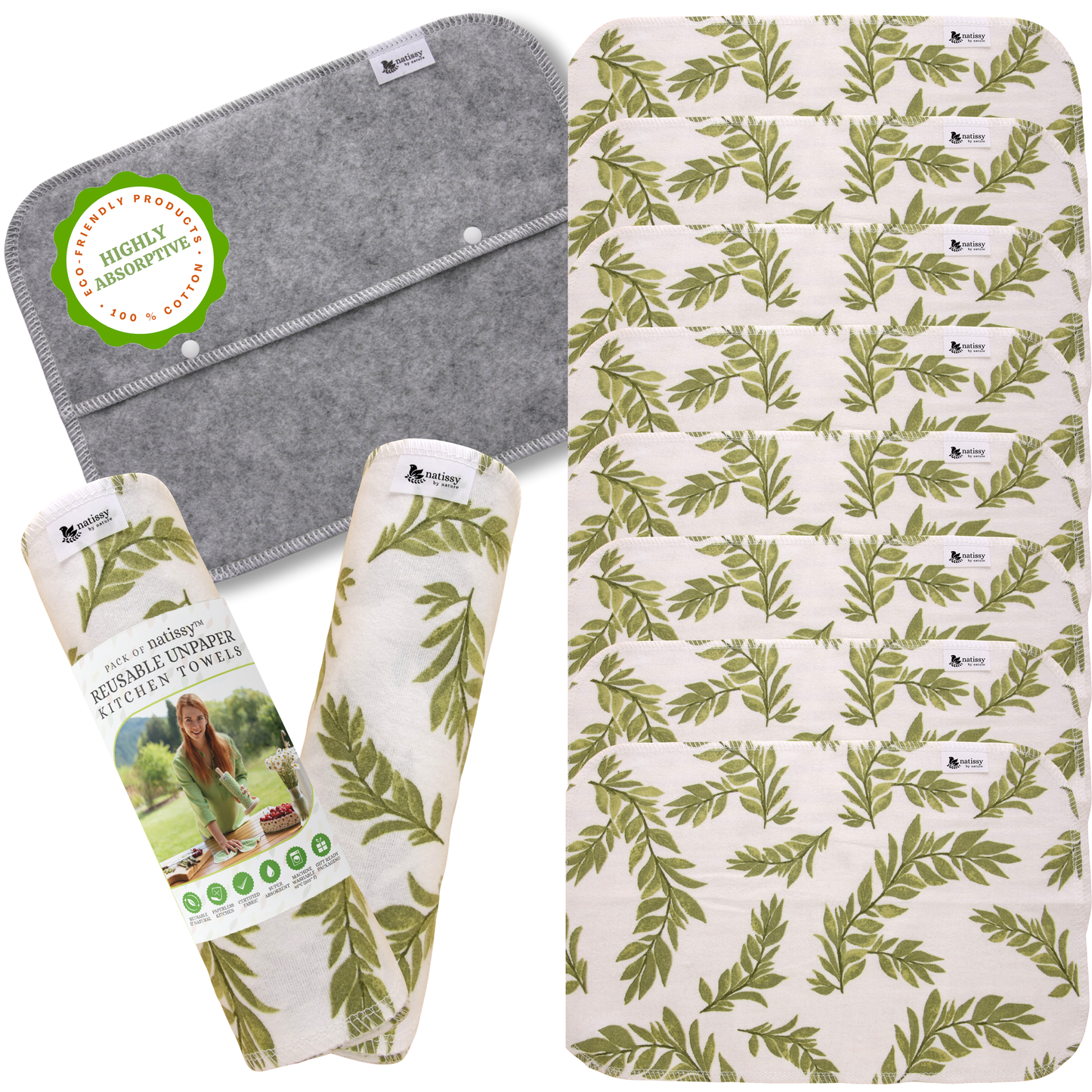 Reusable Paperless Kitchen Towels, Roll of 10 Washable Cotton Cloth Wipes MADE IN EU, Eco-Friendly Paper Towel Cleaning Alternative; Ultra Absorbent, Super Strong, Tear-Resistant & Multipurpose Paperless Replacement