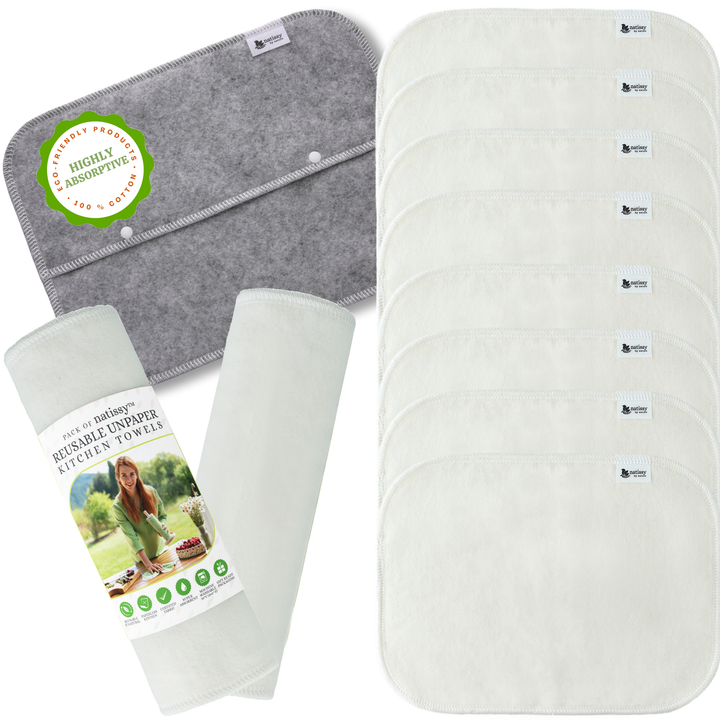Reusable Paperless Kitchen Towels, Roll of 10 Washable Cotton Cloth Wipes MADE IN EU, Eco-Friendly Paper Towel Cleaning Alternative; Ultra Absorbent, Super Strong, Tear-Resistant & Multipurpose Paperless Replacement