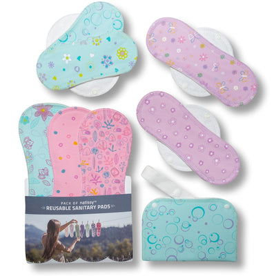 Reusable Menstrual Pads, 7-Pack Cotton Reusable Sanitary Towels with Wings (sizes S, M, L, XL), MADE IN EU, for Menstrual Periods, Incontinence, Postpartum Flow; EXTRA Double Wet Bag with Strap; Washable Menstrual Cloth