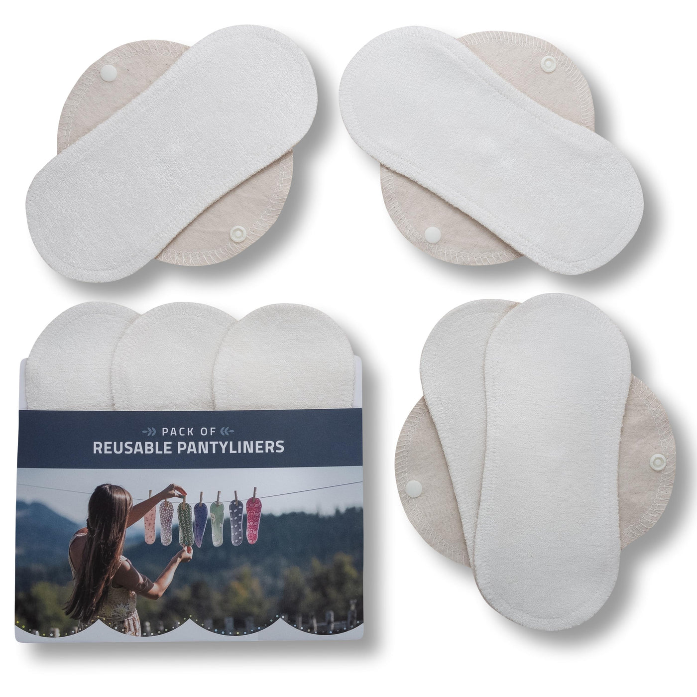 Certified Bamboo Reusable Panty Liners with Wings 7-Pack (normal discharge)  - Natural (white wings)