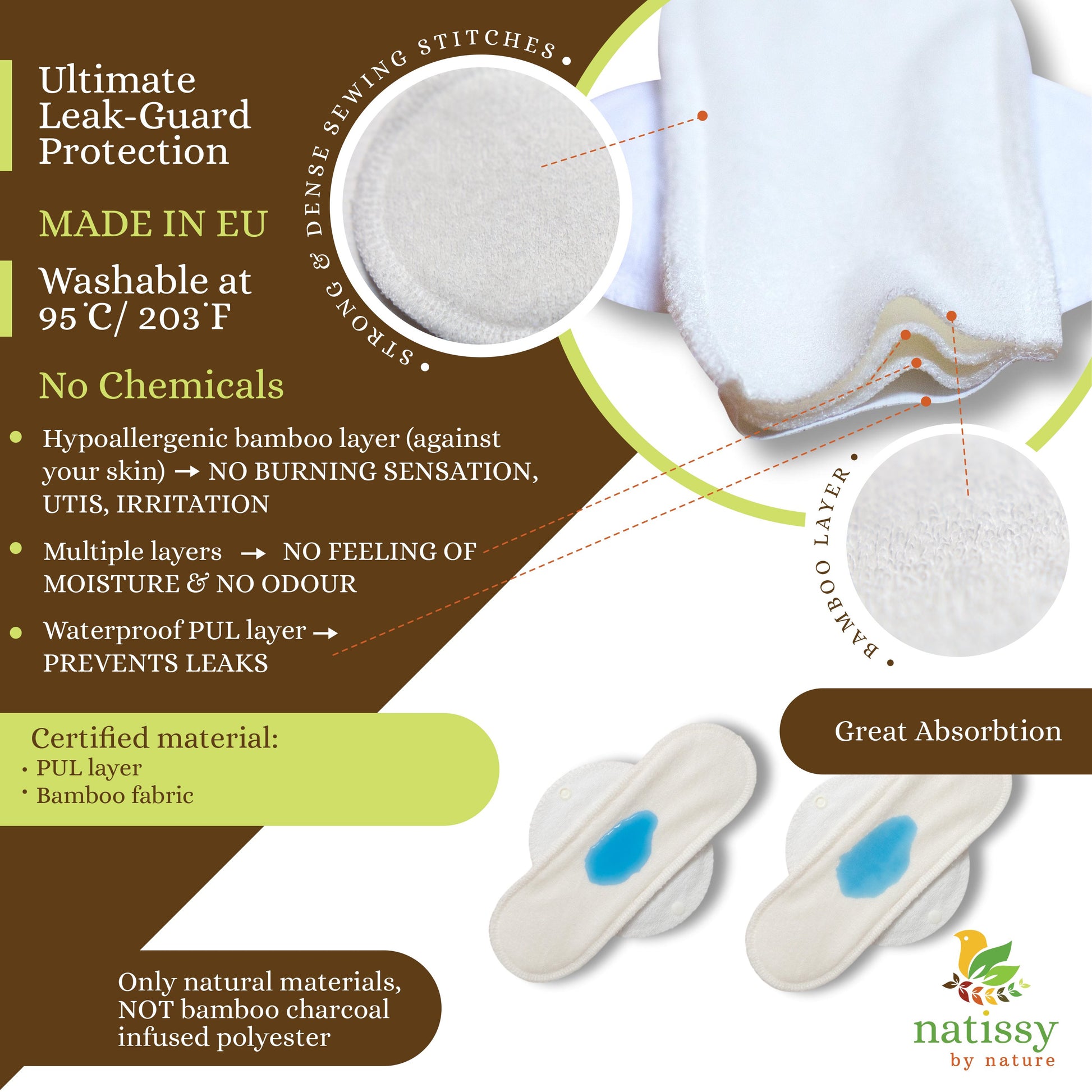 Reusable Menstrual Pads, 6-Pack Bamboo Reusable Sanitary Towels with Wings (size S & M), MADE IN EU, for Menstrual Periods and Incontinence; EXTRA Double Wet Bag with Strap; Washable Menstrual Cloth