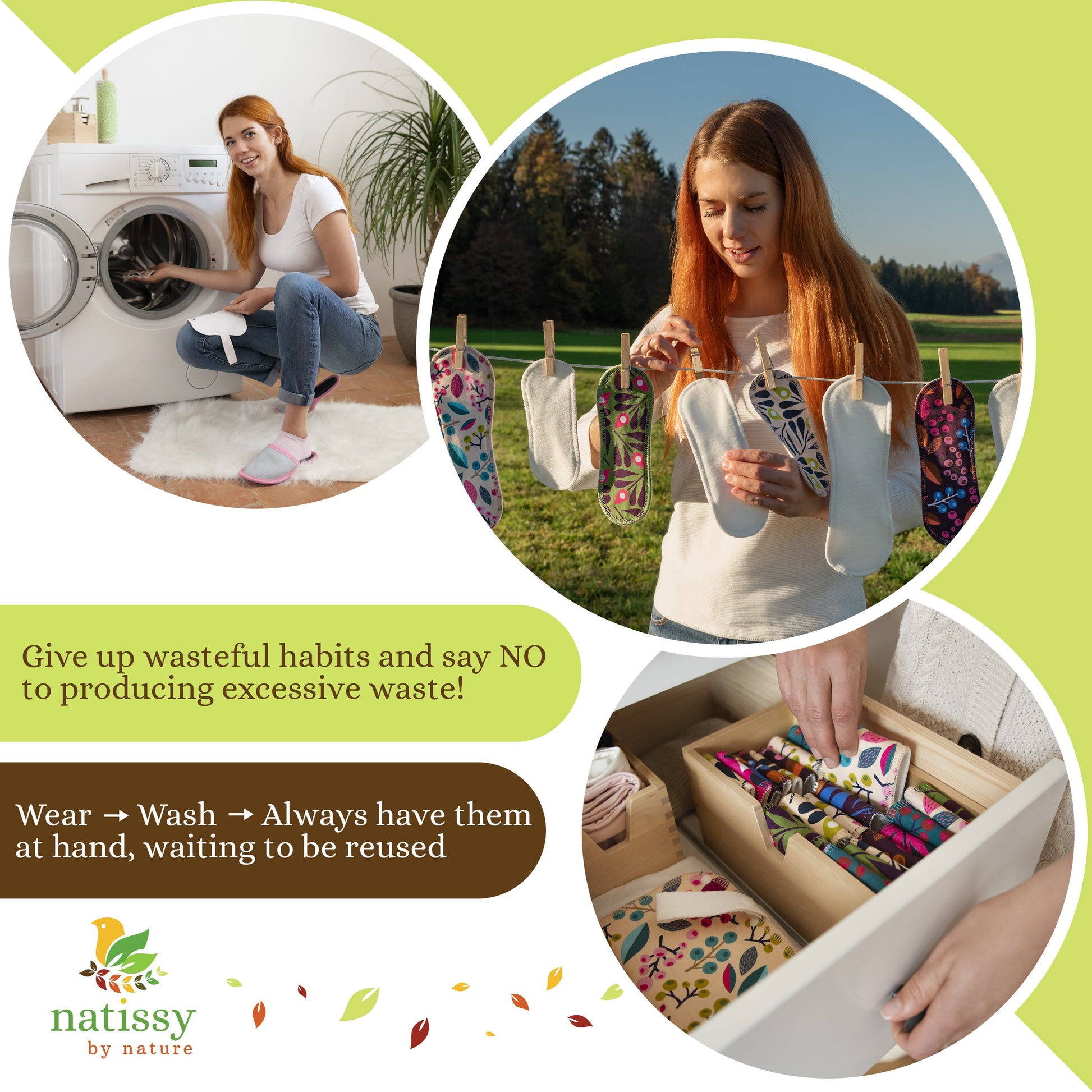 Reusable Menstrual Pads, 6-Pack Bamboo Reusable Sanitary Towels with Wings (size S & M), MADE IN EU, for Menstrual Periods and Incontinence; EXTRA Double Wet Bag with Strap; Washable Menstrual Cloth