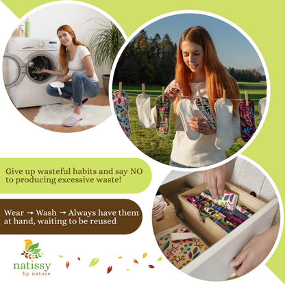 Reusable Menstrual Pads, 6-Pack Bamboo Reusable Sanitary Towels with Wings (size S & M), MADE IN EU, for Menstrual Periods and Incontinence; EXTRA Double Wet Bag with Strap; Washable Menstrual Cloth