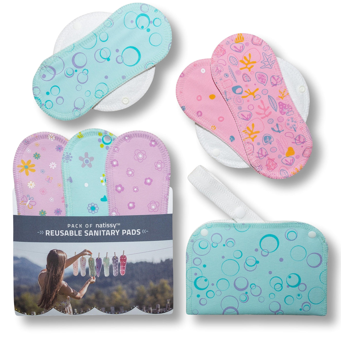 Reusable Menstrual Pads, 6-Pack Cotton Reusable Sanitary Towels with Wings (size S & M), MADE IN EU, for Menstrual Periods and Incontinence; EXTRA Double Wet Bag with Strap; Washable Menstrual Cloth