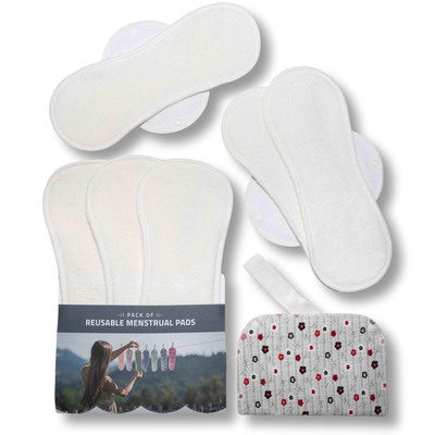 Reusable Menstrual Pads, 6-Pack Bamboo Reusable Sanitary Towels with Wings (size L & XL), MADE IN EU, for Menstrual Periods and Incontinence; EXTRA Double Wet Bag with Strap; Reusable Incontinence Towel
