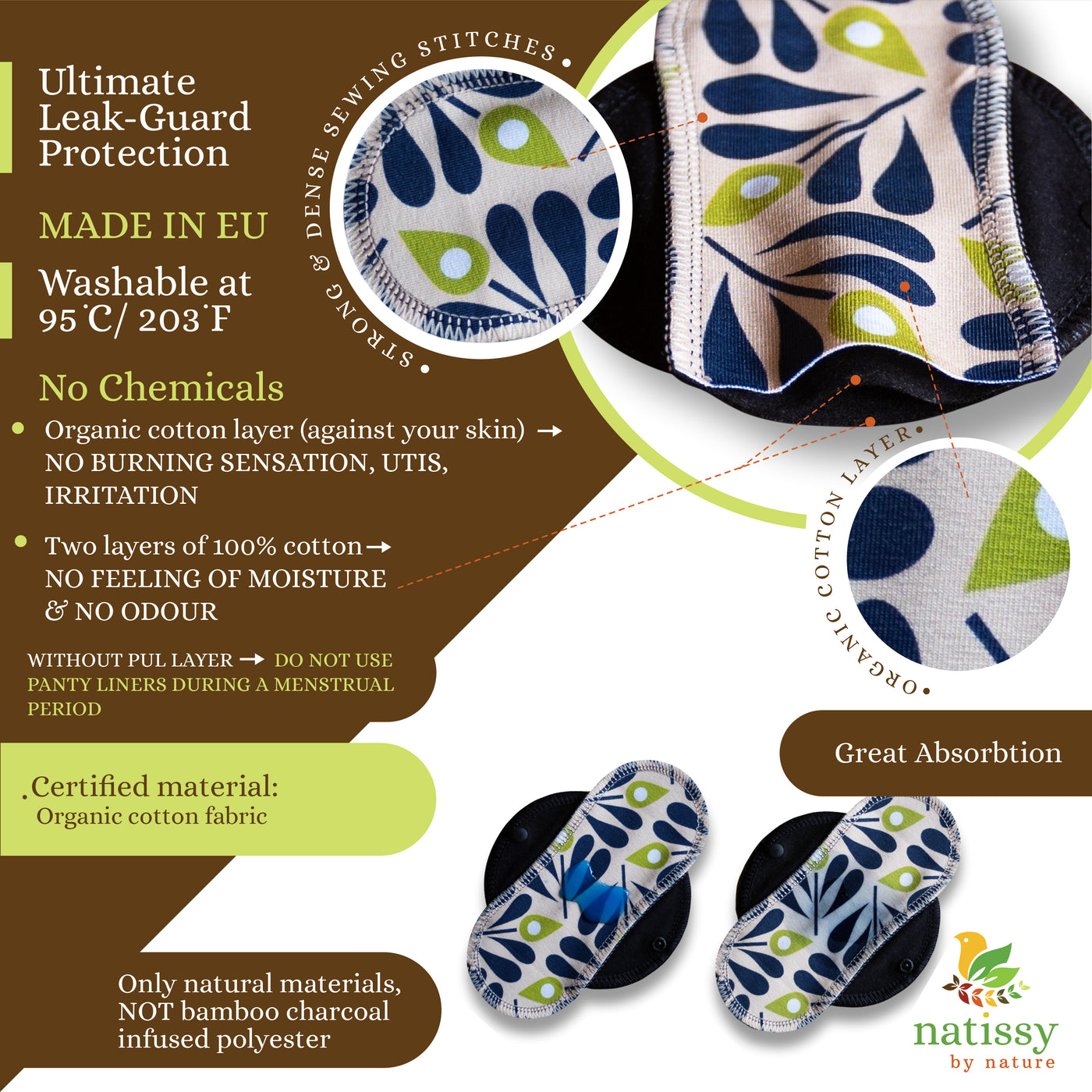 Reusable Panty liners, 7-Pack of Cotton Reusable Sanitary Pantyliners with Black Wings; MADE IN EU; for Vaginal Discharge and Everyday Cleanliness; Non-irritating, Anti-allergic, Antibacterial; for Daily Usage and in case of White Discharge; Washable Cloth Pads w/o Chemicals; Reusable Liners