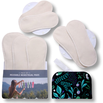 Reusable Menstrual Pads, 7-Pack Organic Cotton Reusable Sanitary Towels with Wings (sizes S, M, L, XL), MADE IN EU, for Menstrual Periods, Incontinence, Postpartum Flow; EXTRA Double Wet Bag with Strap; Washable Menstrual Cloth
