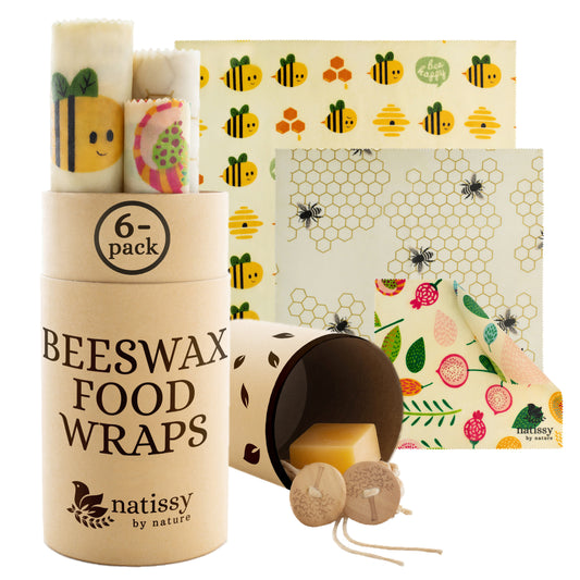 Beeswax Wraps, Set of 6 Reusable Organic Waxed Food Storage Cloths, Sustainable Plastic Free Bowl Cover & Eco-Friendly Wax Sandwich Wrapper, Zero Waste Cling Film Alternative for Cheese, Fruits, Bread