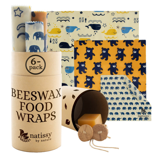 Beeswax Wraps, Set of 6 Reusable Organic Waxed Food Storage Cloths, Sustainable Plastic Free Bowl Cover & Eco-Friendly Wax Sandwich Wrapper, Zero Waste Cling Film Alternative for Cheese, Fruits, Bread