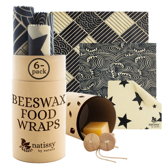 Beeswax Wraps, Set of 6 Reusable Organic Waxed Food Storage Cloths, Sustainable Plastic Free Bowl Cover & Eco-Friendly Wax Sandwich Wrapper, Zero Waste Cling Film Alternative for Cheese, Fruits, Bread