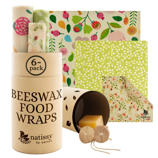 Beeswax Wraps, Set of 6 Reusable Organic Waxed Food Storage Cloths, Sustainable Plastic Free Bowl Cover & Eco-Friendly Wax Sandwich Wrapper, Zero Waste Cling Film Alternative for Cheese, Fruits, Bread