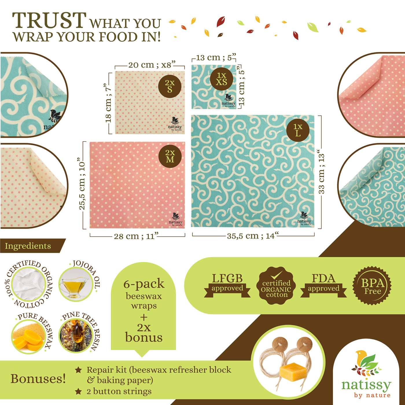 Beeswax Wraps, Set of 6 Reusable Organic Waxed Food Storage Cloths, Sustainable Plastic Free Bowl Cover & Eco-Friendly Wax Sandwich Wrapper, Zero Waste Cling Film Alternative for Cheese, Fruits, Bread