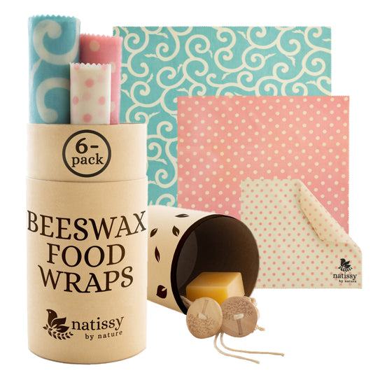 Beeswax Wraps, Set of 6 Reusable Organic Waxed Food Storage Cloths, Sustainable Plastic Free Bowl Cover & Eco-Friendly Wax Sandwich Wrapper, Zero Waste Cling Film Alternative for Cheese, Fruits, Bread
