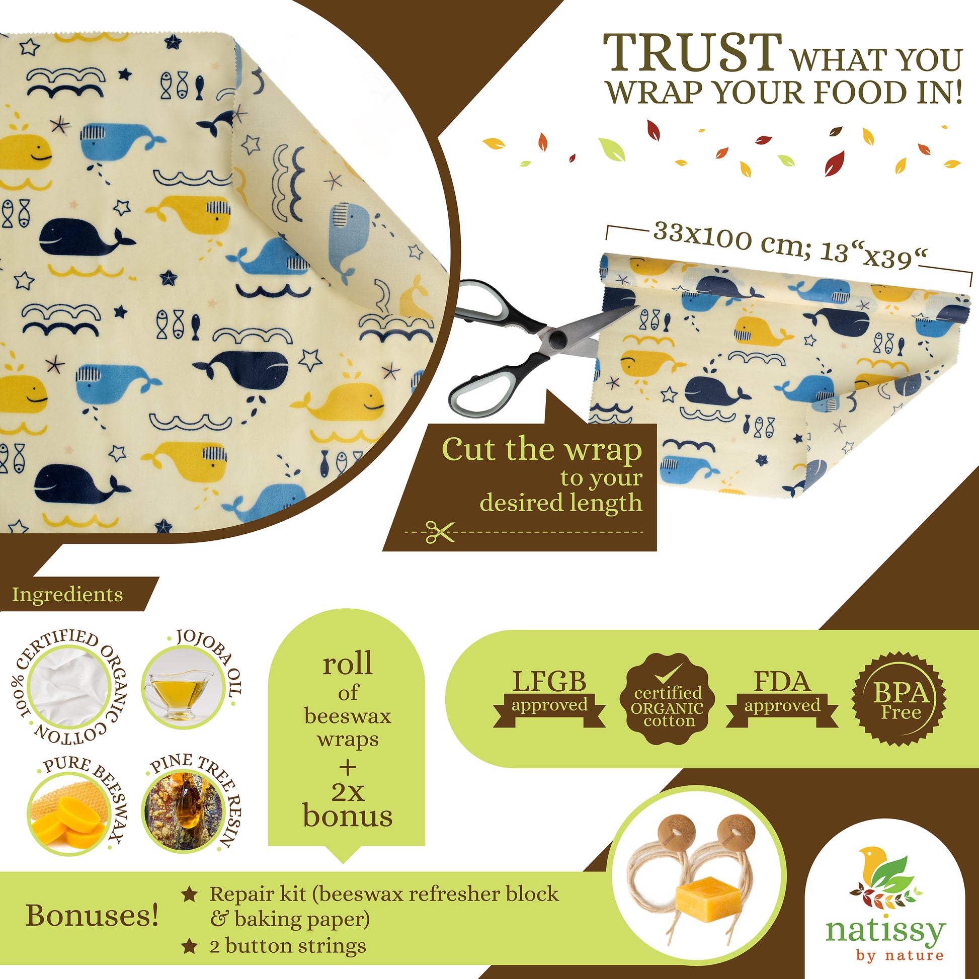 Beeswax Wraps, 1 Meter Roll of Reusable Organic Waxed Food Storage Cloth, Sustainable Plastic Free Bowl Cover & Eco-Friendly Wax Sandwich Wrapper, Zero Waste Cling Film Alternative for Cheese, Fruits