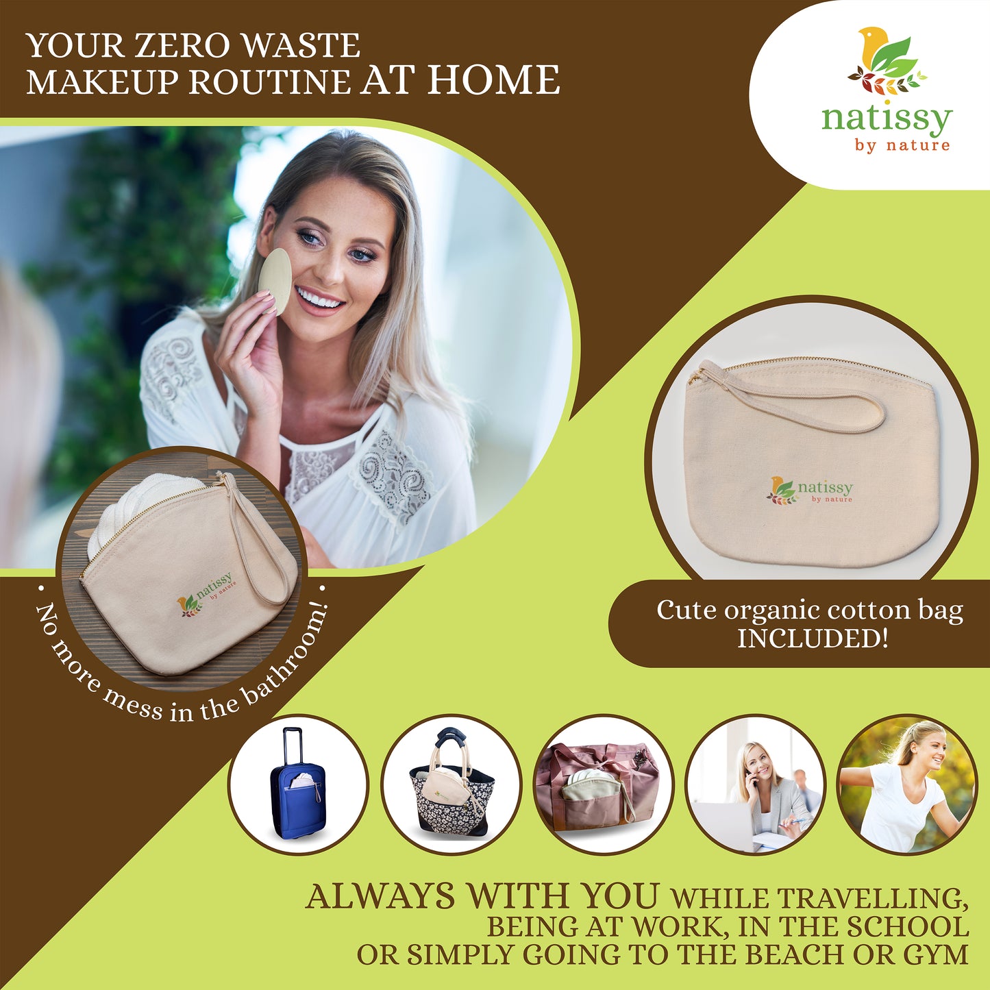 Organic Cotton Carrying Bag, perfect Storage for Reusable Sanitary Pantyliners, Menstrual Towels, Makeup Remover Pads and Washable Nursing Pads; Neatly Stored, always with you and waiting to be reused