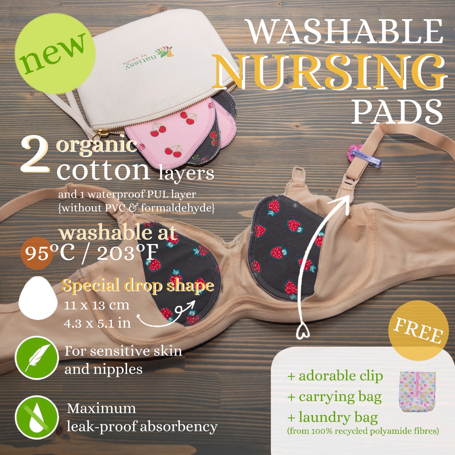 Washable Organic Cotton Nursing Breast Pads, 14-Pack of Soft Reusable Breastfeeding Pads; Eco Friendly Leak Proof Nipple Cloth for Mothers with Sensitive Skin; Laundry & Storage bags; Baby Shower Gift