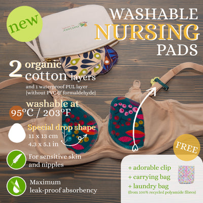 Washable Organic Cotton Nursing Breast Pads, 14-Pack of Soft Reusable Breastfeeding Pads; Eco Friendly Leak Proof Nipple Cloth for Mothers with Sensitive Skin; Laundry & Storage bags; Baby Shower Gift