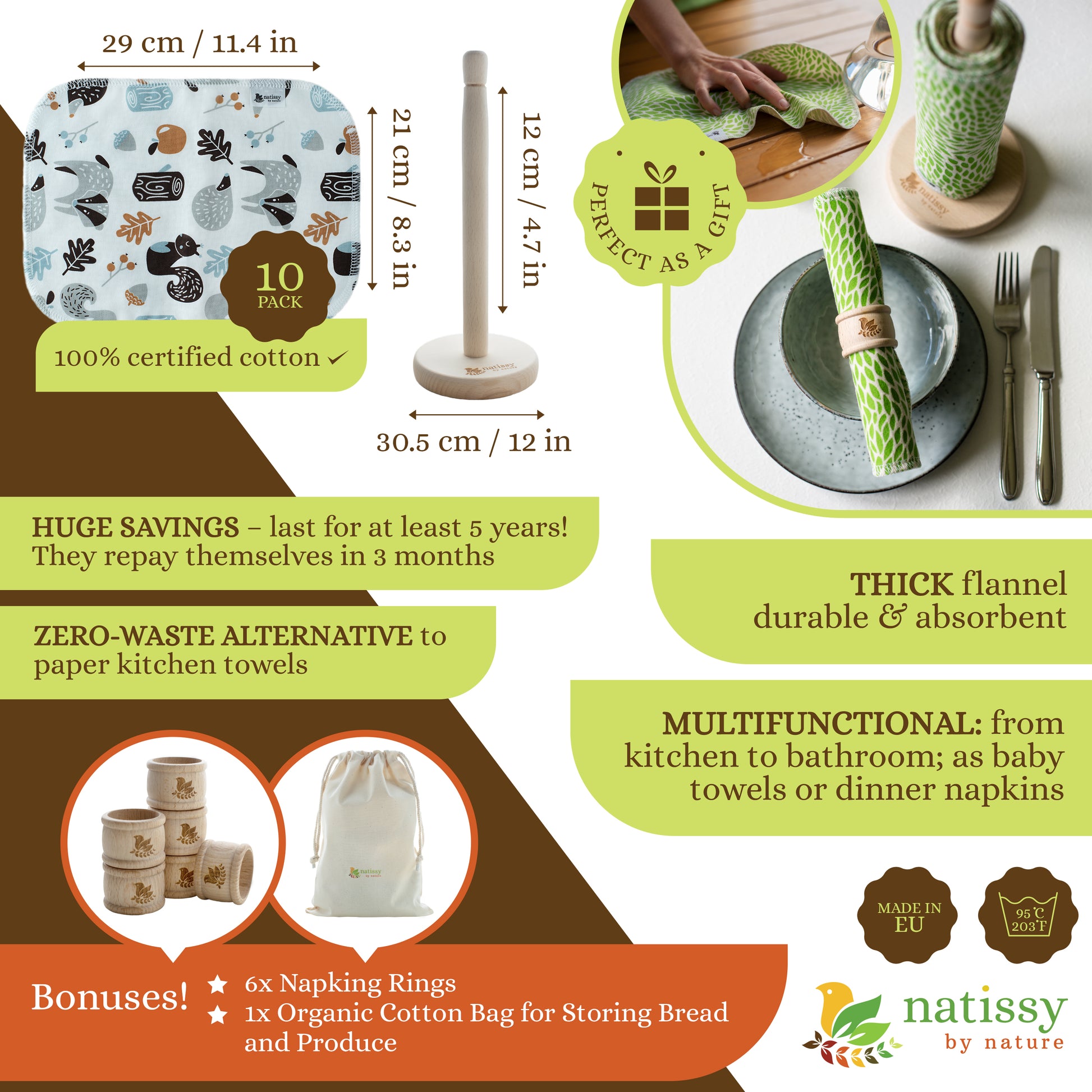 Reusable Unpaper Kitchen Towels, Roll of 10 Washable Cotton Cloth Wipes MADE IN EU, Eco-Friendly Paper Towel Cleaning Alternative; Ultra Absorbent, Super Strong, Tear-Resistant & Multipurpose Paperless Replacement