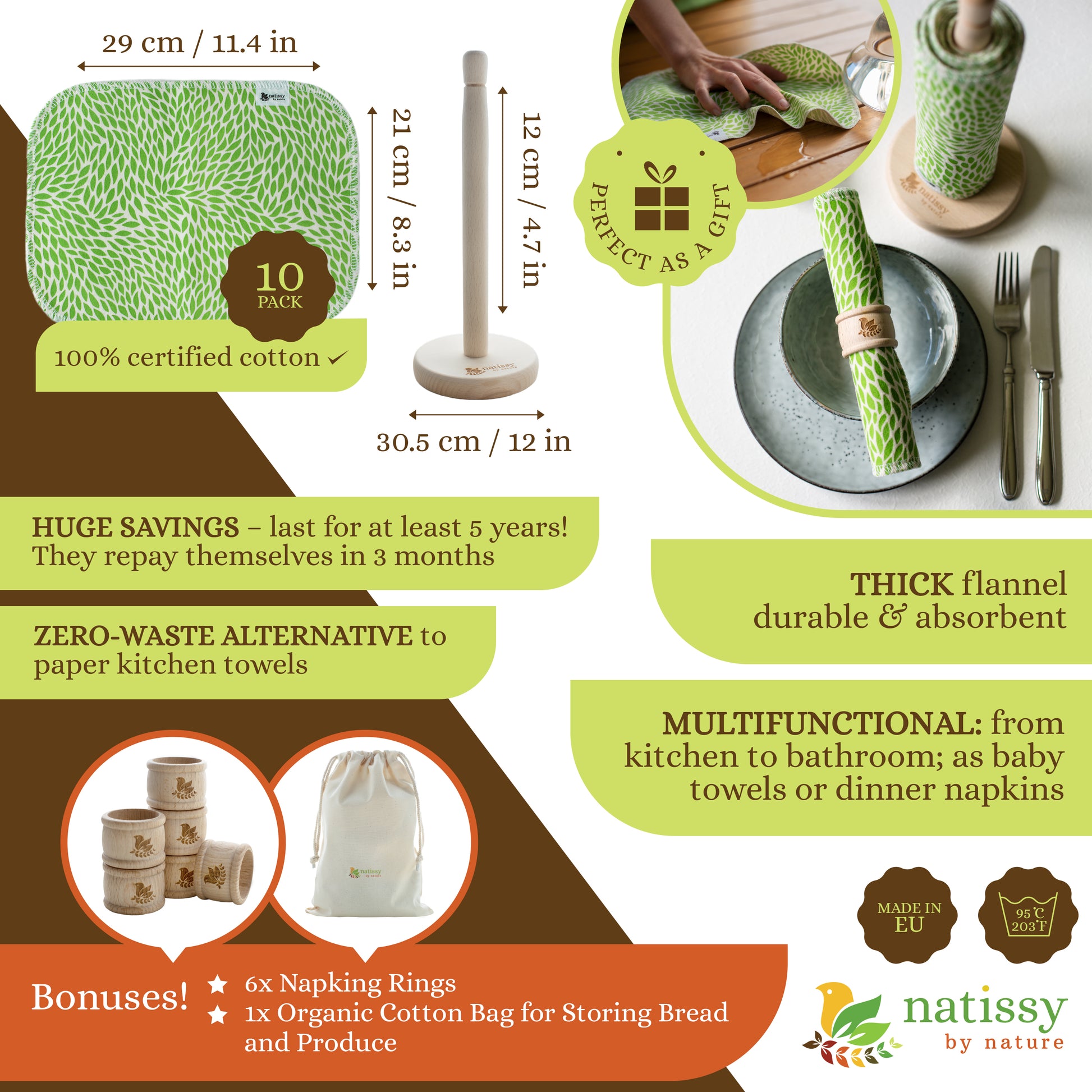 Reusable Unpaper Kitchen Towels, Roll of 10 Washable Cotton Cloth Wipes MADE IN EU, Eco-Friendly Paper Towel Cleaning Alternative; Ultra Absorbent, Super Strong, Tear-Resistant & Multipurpose Paperless Replacement