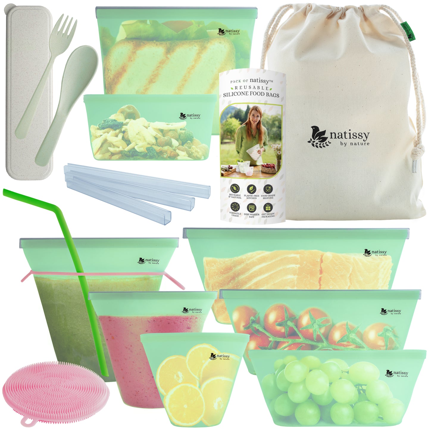 Reusable Silicone Food Storage Bags, 8 Pack Leakproof Silicone Freezer Bags, BPA free, Plastic Free Reusable Ziplock Bags, Reusable Sandwich Bag, Stand Up Silicon Pouch for Snack & Sous Vide Cooking