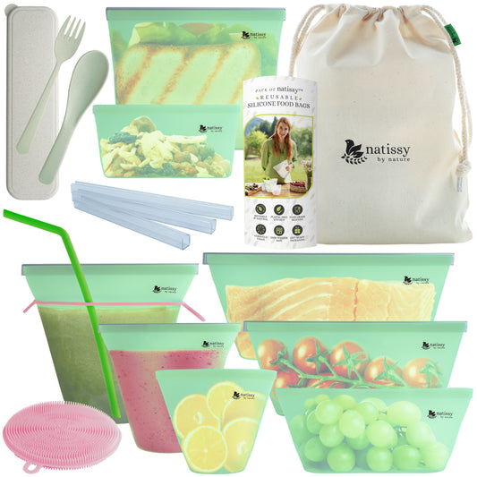 Reusable Silicone Food Storage Bags, 8 Pack Leakproof Silicone Freezer Bags, BPA free, Plastic Free Reusable Ziplock Bags, Reusable Sandwich Bag, Stand Up Silicon Pouch for Snack & Sous Vide Cooking