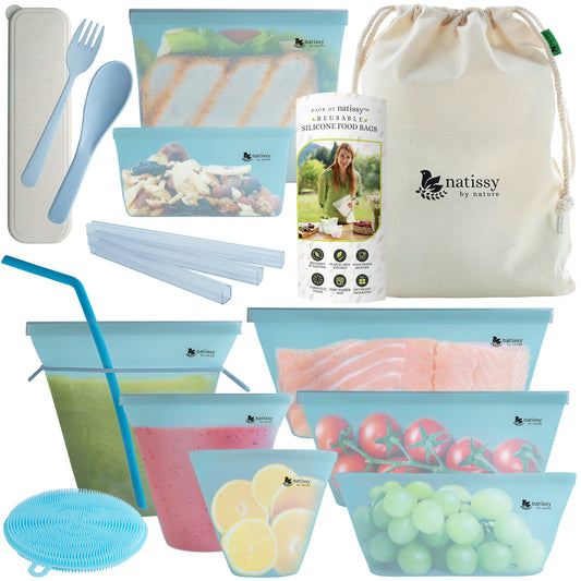 Reusable Silicone Food Storage Bags, 8 Pack Leakproof Silicone Freezer Bags, BPA free, Plastic Free Reusable Ziplock Bags, Reusable Sandwich Bag, Stand Up Silicon Pouch for Snack & Sous Vide Cooking