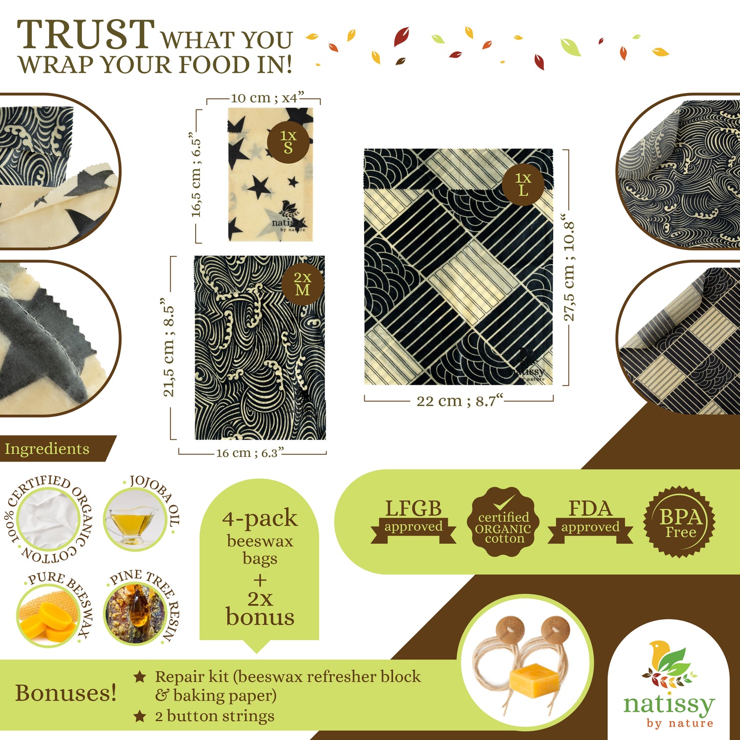 Beeswax Bags, Set of 4 Sustainable & Eco-Friendly Waxed Food Storage Bags - Black & White