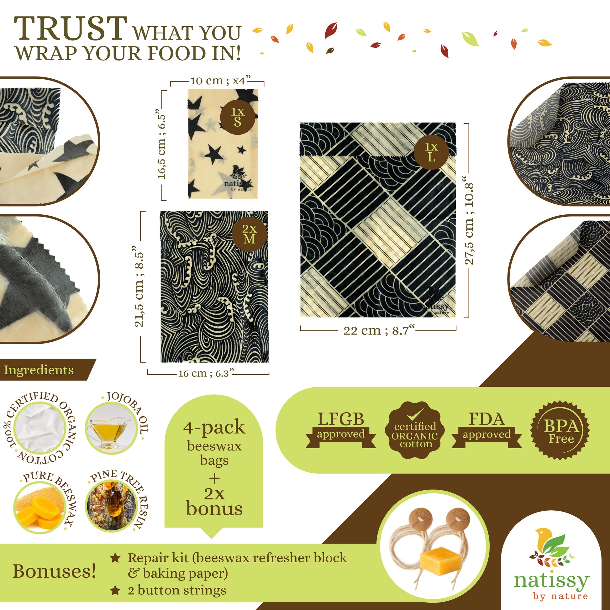 Beeswax Bags, Set of 4 Sustainable & Eco-Friendly Waxed Food Storage Bags - Black & White