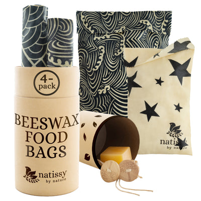 Beeswax Bags, Set of 4 Sustainable & Eco-Friendly Waxed Food Storage Bags - Black & White