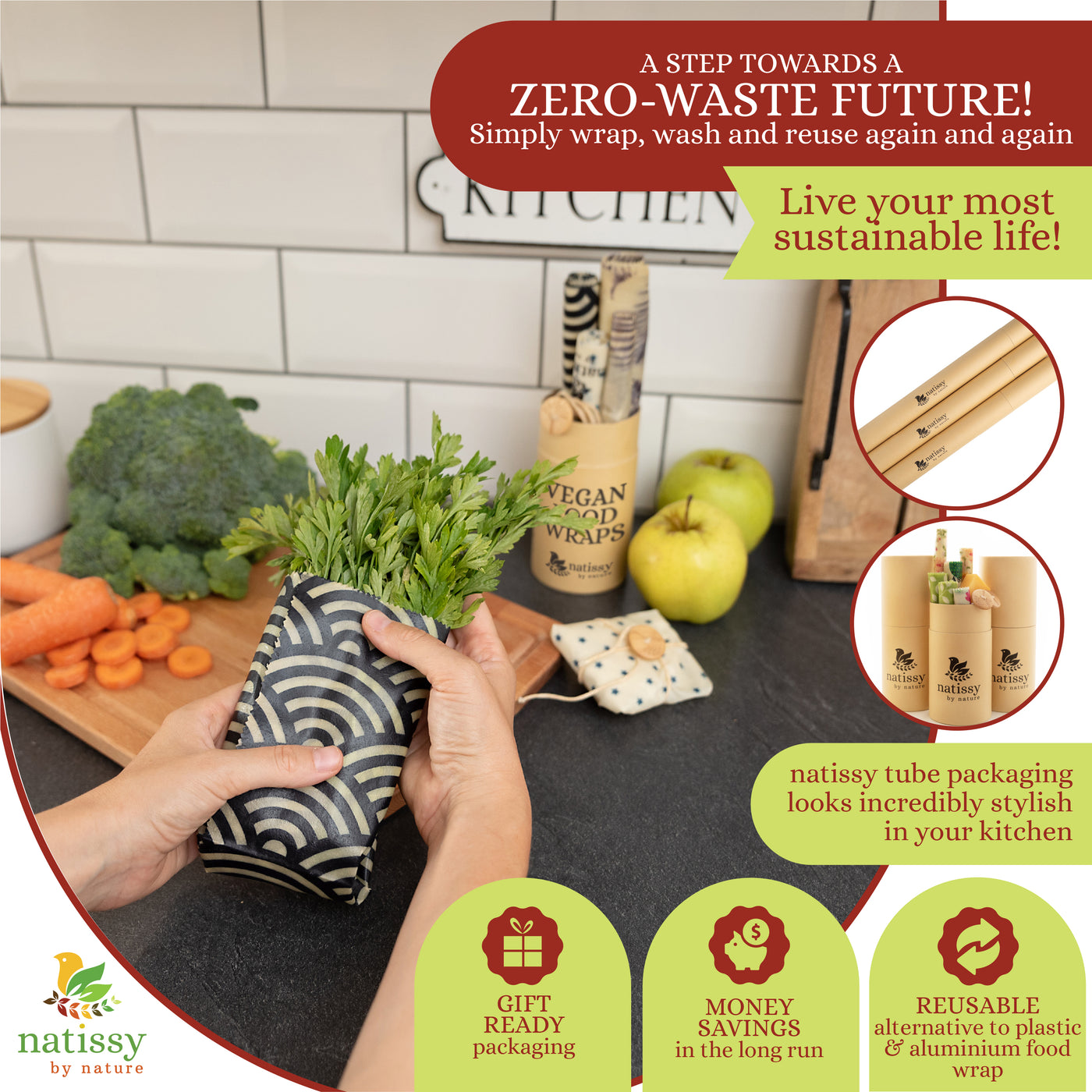 Vegan Wax Wraps, Set of 6 Sustainable & Eco-Friendly Waxed Food Storage Cloths - Black & White