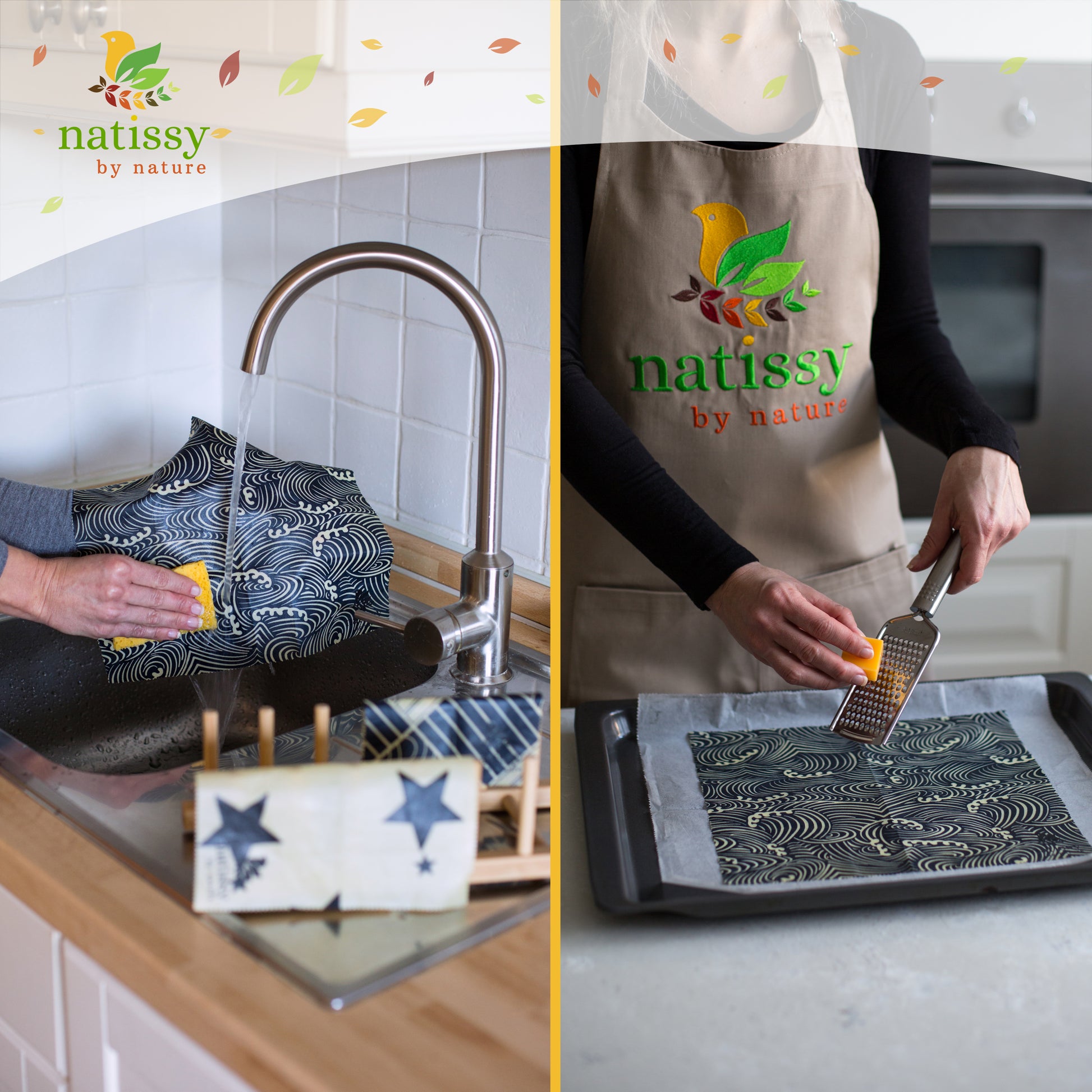 Vegan Wax Wraps, Set of 6 Sustainable & Eco-Friendly Waxed Food Storage Cloths - Black & White