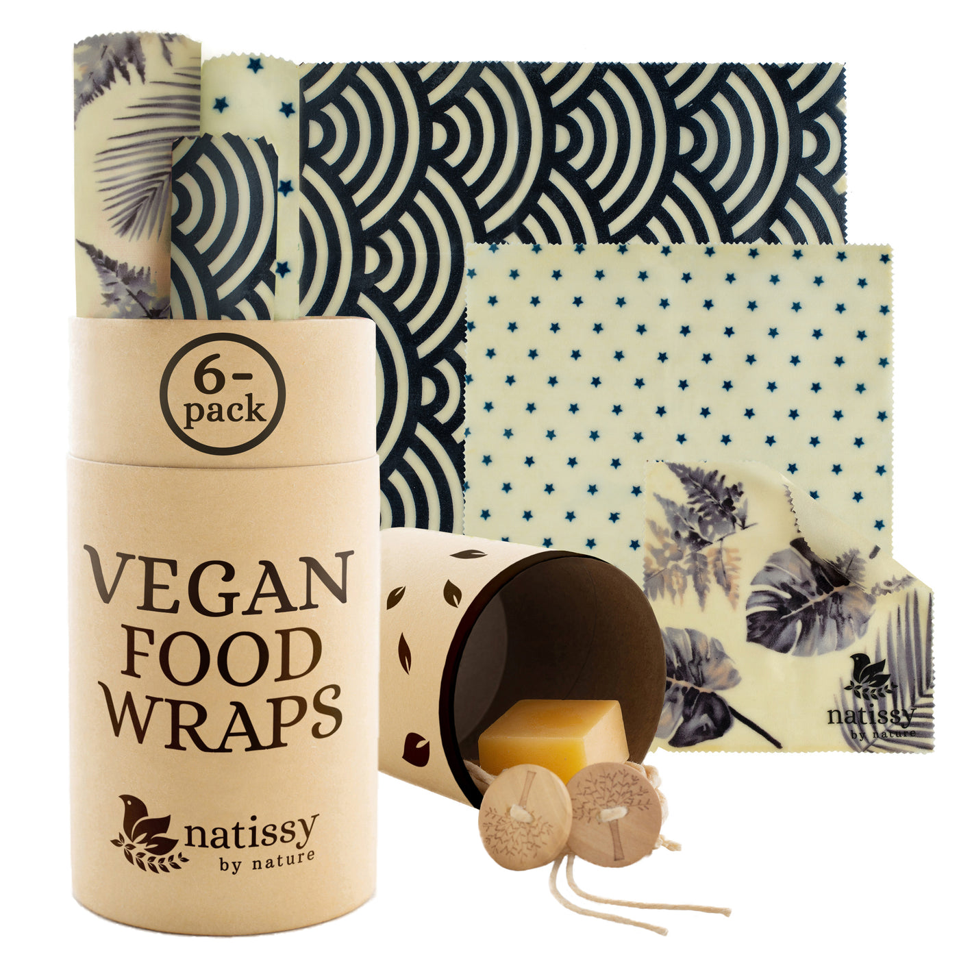 Vegan Wax Wraps, Set of 6 Sustainable & Eco-Friendly Waxed Food Storage Cloths - Black & White