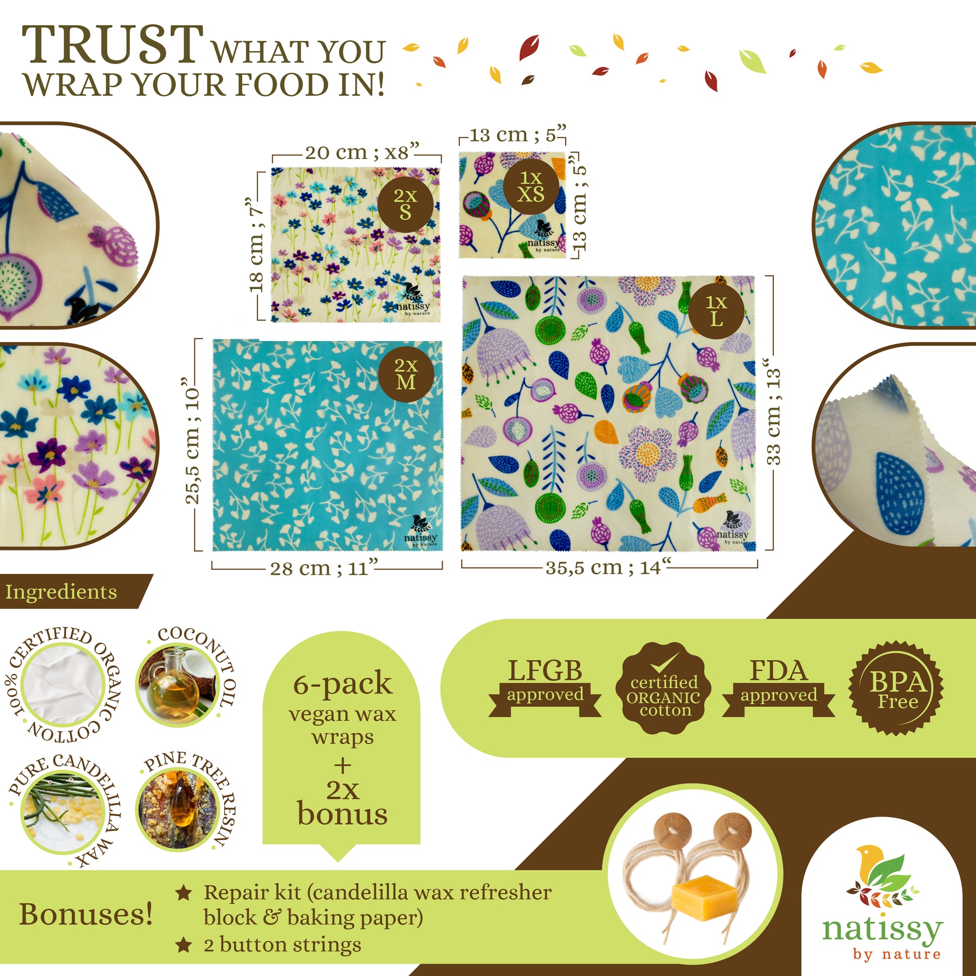 Vegan Wax Wraps, Set of 6 Sustainable & Eco-Friendly Waxed Food Storage Cloths - Flowers